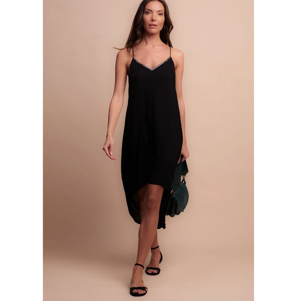 Black Slip Midi Dress with Spaghetti Straps - Picture 2 of 16